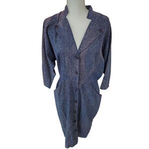 Vintage 80s Wild Dress Womens Blue Button Up Shirt Pocket Dress L Office